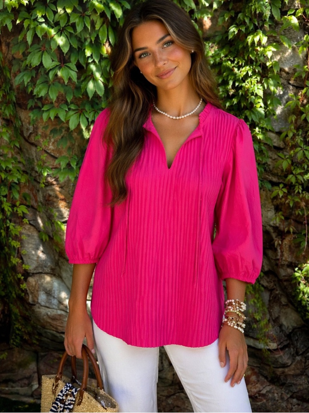 MARC NEW YORK Hot Pink Pleated Textured Tie V-Neck Puff Sleeve Top, L